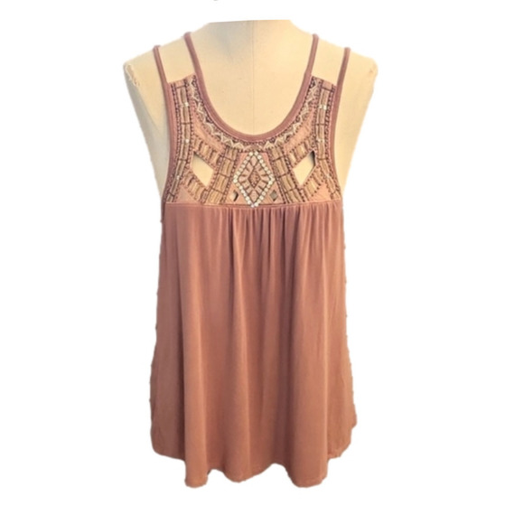 Womens Pen Paper boho embroidered beaded rosy mauve tank with cut outs size XL. - Picture 1 of 13